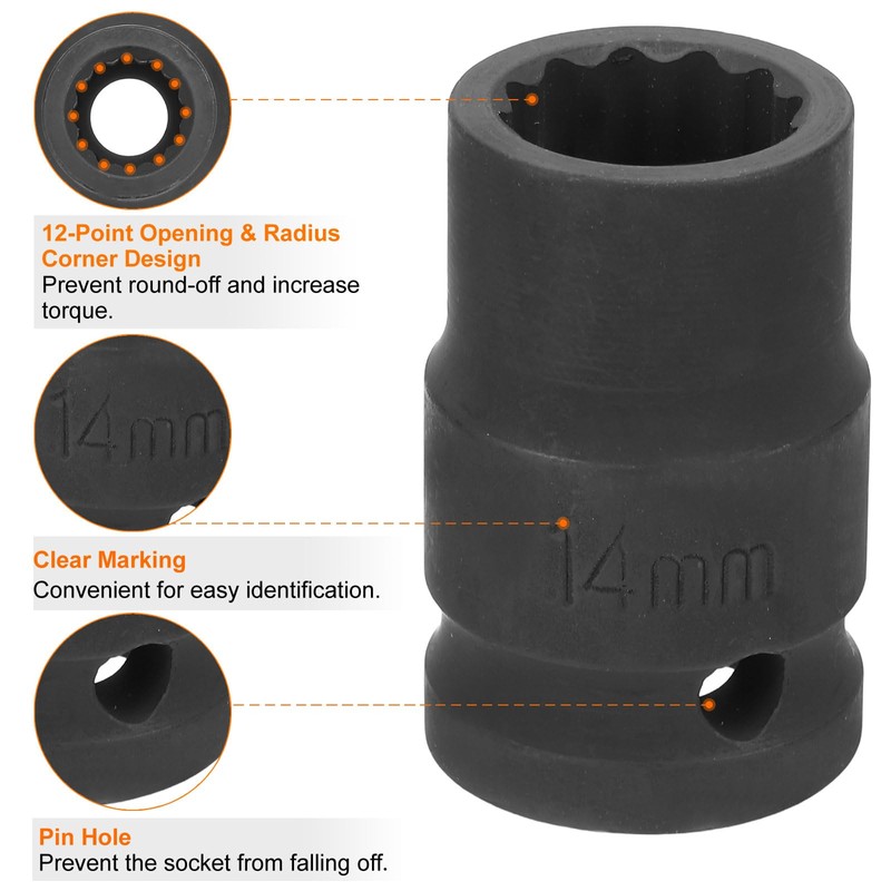 sourcing map 12-Point Impact Socket 1/2 Inch Drive 14mm Metric