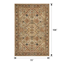 Joydeco 6x9 Area Rugs for Living Room, Non Slip Machine Washable Vintage Rug, Low Pile Chenille Print Rugs for Bedroom, Dining Room, Home Office, Pet & Child Friendly, Tan