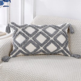 PANOD Super Soft Farmhouse Decorative Plush Throw Pillow Covers 12 x 20 Grey,Solid Diamond Pattern Tufted with Tassels Modern Accent Boho Lumbar Cushion Cover Pillow Case for Couch Sofa