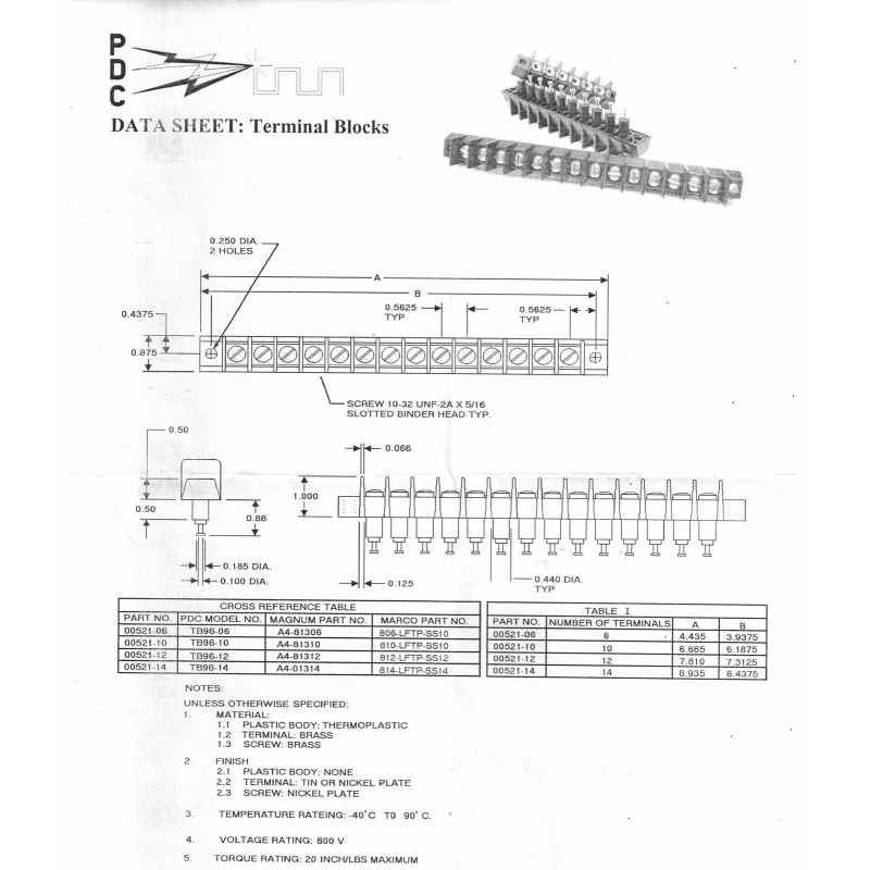 PDC Terminal Barrier Strip Block, 35A, 600V, 12 Position, 2