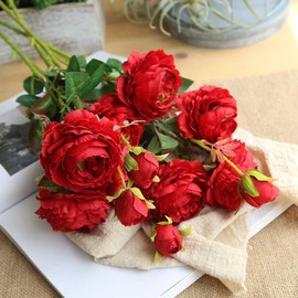 RERACO Artificial Flowers, Roses, Red, Set of 6, Rose Bouquet, Interior Decoration, Stylish, Flower Bouquet, Silk Flowers, Present, Birthday, Wedding, Flower Set (6 Red Pieces)