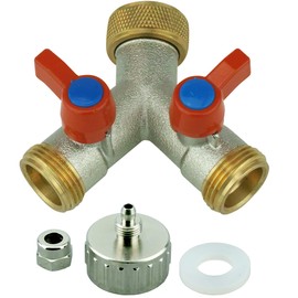 Y-Splitter 3/4 Inch with Shut-off Valves for Connecting 2 Appliances SbS Refrigerator, Washing Machine 2-Way Valve + Adapter 3/4 Inch Female to 1/4 Inch Male Thread Water Hose