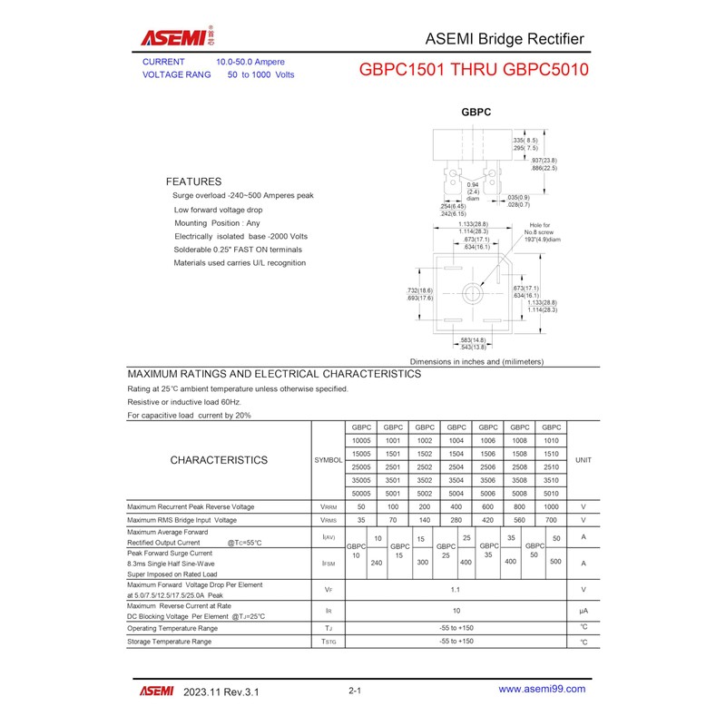 (Pack of 2) ASEMI GBPC3510 Through Hole Single Phase Bridge