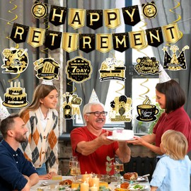 12Pcs Retirement Party Decorations for Men Women Black Gold Happy Retirement Banner with 10pcs Hanging Swirl Decor for Office Retired Farewell Party Supplies