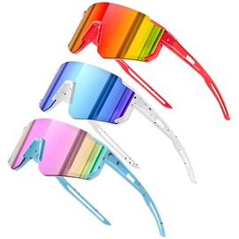 Dreaku Kids Sunglasses for Boys Girls, UV400 Protection Childrens Goggles Youth Sports Sunglasses for Baseball Cycling Climbing (White+Blue+Red)