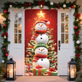 Christmas Door Cover Banner, 6 x 3 ft Christmas Decorations Flag Photography Background for for Winter Party Decorations Supplies (Snowman-1, 70.8 x 35.4 Inch)