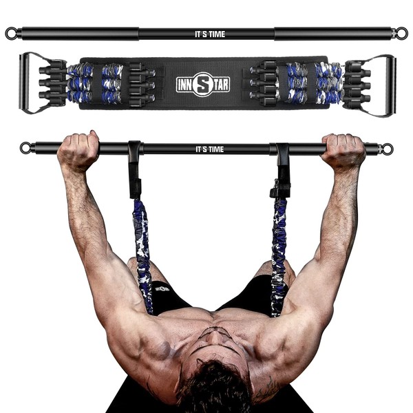 INNSTAR Adjustable Bench Press Band with Bar, Upgraded Push Up Resistance Bands, Portable Chest Builder Workout Equipment, Arm Expander for Home Workout,Gym,Fitness,Travel (Camo Marine Blue-85LB)