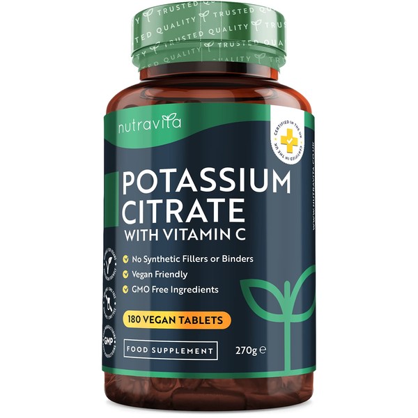 Nutravita Potassium Supplement 1390mg with Vitamin C - 180 Vegan Potassium Tablets (3 Month Supply) - High Strength Potassium Citrate - Electrolytes Support - Contributes to Normal Muscle Function 