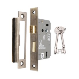 Infinity Decor Fire Rated Antique Brass 3 Lever Mortice Sash Lock CE Approved Key Security Door Latch 63mm for Internal and External Doors