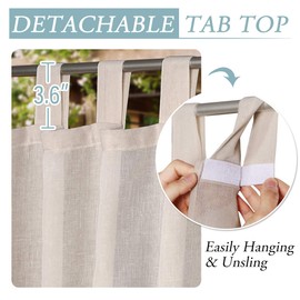 Outdoor Linen Sheer Curtains for Patio Waterproof - Indoor/Outdoor Divider Privacy Added Light Filtering Porch Decor with Detachable Self-Stick Tab Top for Gazebo/Cabana, Natural, 1 Piece, W52 x L84