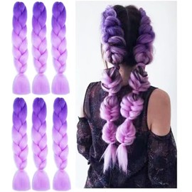 LDMY Ombre Purple Braiding Hair, 6 Pieces/Pack, 24 Inch Jumbo Braids Extensions, Synthetic Kanekalon Hair for Women, Dark Purple to Light Purple, 100 g/pc