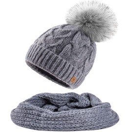MFAZ Morefaz Ltd Women's Winter Beanie Hat & Scarf Knitted Hat Mohair Wool Braided Fleece Bobble Pom Pom, Grey Hat & Scarf