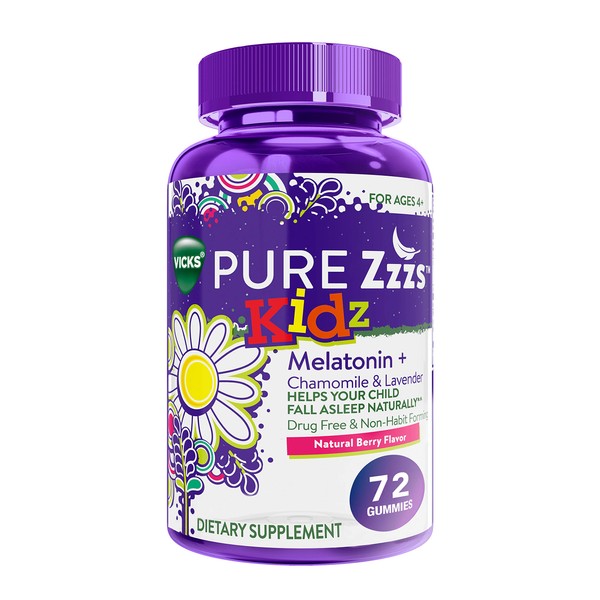 Vicks Pure Zzzs Kidz, Melatonin Sleep Aid Gummies for Kids and Children, Lavender, Valerian Root and Chamomile, Natural Berry Flavor, 72 Gummies