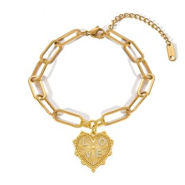 Dainty Heart Charm Bracelet 18K Gold Plated Chunky Bracelet Paperclip Chain Bracelet for Women