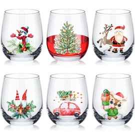 Pickmesh 6 Pcs Christmas Wine Glass 12oz Xmas Stemless Wine Glass Funny Christmas Themed Red Wine Glass Cups Merry Christmas Party Gifts for Women Men Family Friends