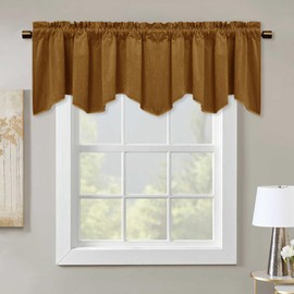 StangH Gold Brown Velvet Valance for Kitchen Luxury Blackout Rod Pocket Scalloped Valance Curtain Tier Short Curtains for Bedroom Gallery Office Window Dressing, W52 x L18, 1 Panel
