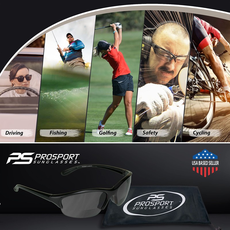 proSPORT Bifocal Sunglasses +2.50 Black Frame Smoke Lens Unisex Lightweight