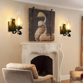 TIGKHAE Rustic Wall Sconces Sets of 2, Black Hardwired Farmhouse Wall Sconce Indoor, Retro Wall Lamps with Amber Glass, Vintage Bedside Sconces Wall Lighting Lantern for Living Room Bathroom