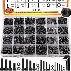 Taiss 1084PCS M2 M3 M4 M5 Screws Assortment 8mm/12mm/16mm/20mm and Nut/Washer/Wrenches 12.9 Carbon Steel Hex Socket Head Cap Metric Bolts and Nuts Kit