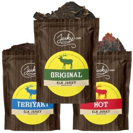 Jerky.com Exotic Elk Jerky Sampler - Wild Game Meat Snacks, Exotic Snacks, High-Protein, All-Natural, No Added Preservatives - Healthy Snacks for Adults - 1.75 oz. (Pack of 3)