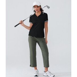 Womens Golf Polo Shirts Short Sleeve V Neck Collared Shirts Tennis Work Athletic Golf Tops Black