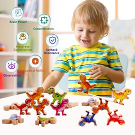 Dinosaur Stacking Building Toys for Boys, PIIOSER Wooden Dinosaur STEM Montessori Educational Learning Block Toys for Kids Cool Birthday Party Game Gifts for 4 5 6 7 8 Years Old Boys Girls