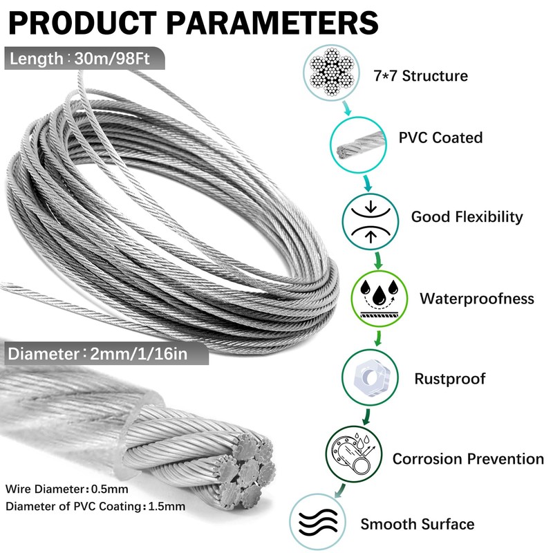 1/16" Metal Curtain Wire Hanging System, 100ft 7×7 Strands 304