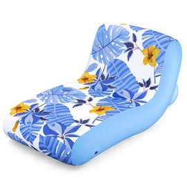 H2O GO Blissful Drifter Fabric Lounge - 69" x 42", Blue-Yellow Tropical Pattern, Inflatable Pool-Water Float, Removable Washable UPF Cover, Cup Holder