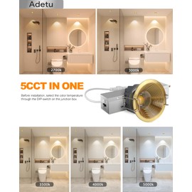 Adetu - Lámpara de techo empotrable LED dorada de 2 pulgadas 5CCT con caja de conexiones, 2700 K/3000 K/4000 K/50000 K seleccionable, CRI90, 8W COB, 780 LM, regulable sin lata a prueba de obleas