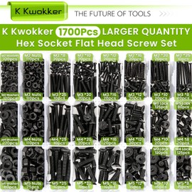 K Kwokker 1700Pcs Screws Assortment Hex Socket Flat Head 24 Size M2 M3 M4 M5 Black Screws, Nuts and Bolts, 10.9 Alloy Steel 8MM to 25MM Metric Bolt Assortment Machine Screws, 8/10/12/16/20/25mm