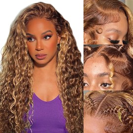 EARLR 28inch Highlight Curly Lace Front Wigs Human Hair Balayage Brown Highlight 13X4 Deep Wave Wigs Human Hair Ombre Curly Wig #4/27 Colored Wigs for Women 180% Density
