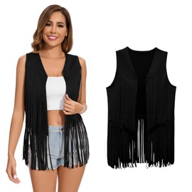 XonyiCos Women's Fringe Vest 70s 60s Hippie Vest Sleeveless Cowgirl Western Faux Suede Tassel Leather Jacket Carnival and Role Play Costumes (Black Tassel Vest, M)