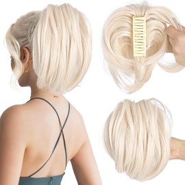 MFDYMYGS Messy Bun Hair Piece Claw Clip, Hair Buns Hair Piece with Bendable Metal,Short Ponytail Extensions Hairpieces for Women (White Blonde)