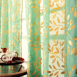 Deeprove Cortinas transparentes de 63 pulgadas de largo, con estampado de hojas de vid con purpurina dorada, juego de 2 pares para cocina, sala de estar, cortinas de privacidad de bronce tropical, bolsillo para barra, 52 pulgadas de ancho x 63 pulgadas d