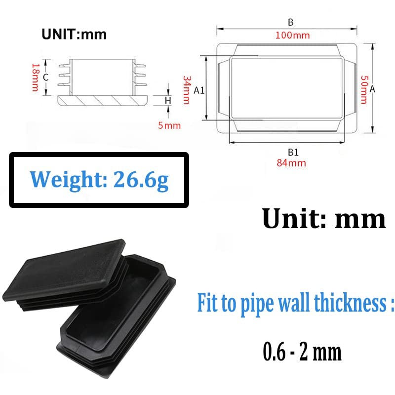 Rectangle Tubing Plugs 2" x 4"(50 mm x 100mm), Plastic