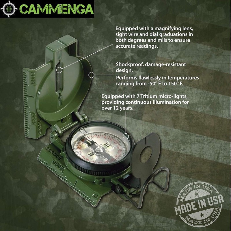 Cammenga Compass Military Grade Phosphorescent - Lensatic Compass Shock, Sand,