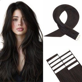 Benehair Injected Tape in Hair Extensions Human Hair Remy #1B Natural Black Injected Weft Hair Extensions Real Natural Straight 10 Pcs 18 Inches (25g)