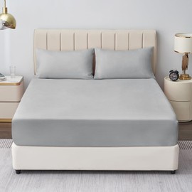 Aisbo Single Fitted Sheet Grey - Extra Deep Pocket Bed Sheet 16 inch 40 cm - Microfiber Bottom Sheet, 90x190cm