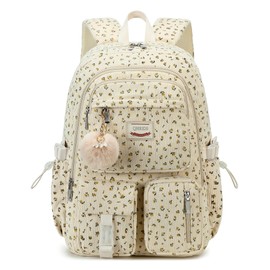 QHRIDS Backpack for Girls Big Student Corduroy Laptop Backpack for College Kids Elementary Middle High School Bag Anti Theft Bookbag Travel Daypack Womens(Corduroy Beige Floral)