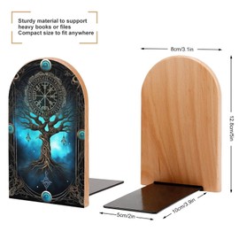 2 PCS Wood Book Ends, Tree of Life Viking Non Skid Bookends for Shelves - 5x3 Inch