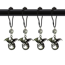 Black Shower Curtain Hooks with Crystal Beads Flying Winged Dragon Decorative Bathroom Shower Rod, Rust Proof Stainless Steel Curtain Rings Set of 12 Fantasy Fairytale Decor Bathroom Bathtub (Black)