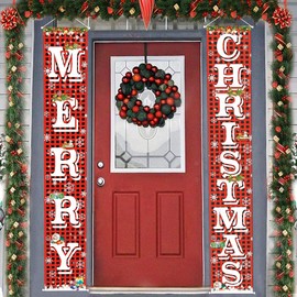Fecedy MERRY CHRISTMAS Hanging Banner Porch Sign With Pattern Christmas tree Presents Snow Banner For Home Yard Indoor Outdoor Wall Door Christmas Party Decorations 72"x12"