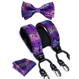 DiBanGu Purple Suspenders for Men Heavy Duty Paisley Suspenders and Bow Tie Set Adjustable Y-Back Mens Trouser Braces