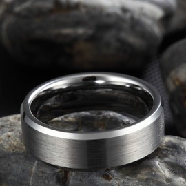 8mm Tungsten Mens Ring Silver Beveled Edge Matte Brushed Wedding Band Comfort Fit Size 7.5