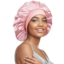 Umisleep 22 Momme 100% Real Mulberry Silk Bonnet for Sleeping Women, Large Hair Care Bonnet for Long Curly Hair, Double Layer Silk Hair Wrap with Soft Elastic Band, Non-Slip Sleep Cap, Light Pink