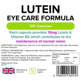 Lindens - Lutein 10mg, 100 Capsules - UK Made - Marigold Extract with Vitamin B2 - Vision & Eye Health, Standardised Potent Extract - Letterbox Friendly - Vegan