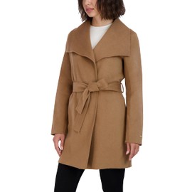 Tahari Women's Double-Faced Luxury Soft Blend Peacoat-Wrap Wool Coat with Removable Belt, Cream Camel, Small