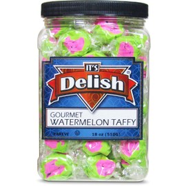 Gourmet Watermelon Taffy Chews by Its Delish – 18 Oz Jumbo Reusable Container (Jar) – Chewy Fluffy Individually Wrapped Sweet & Juicy Soft Candy Taffies - USA Made, Vegan & Certified Kosher