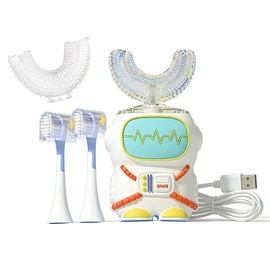 Cepillo de Dientes U Eléctrico Infantil， con temporizador inteligente y 5 modos de limpieza,resistencia al agua IPX7，Incluye varios cabezales y es apto para niños de 2 a 7 años (Astronauta （Blanco）)