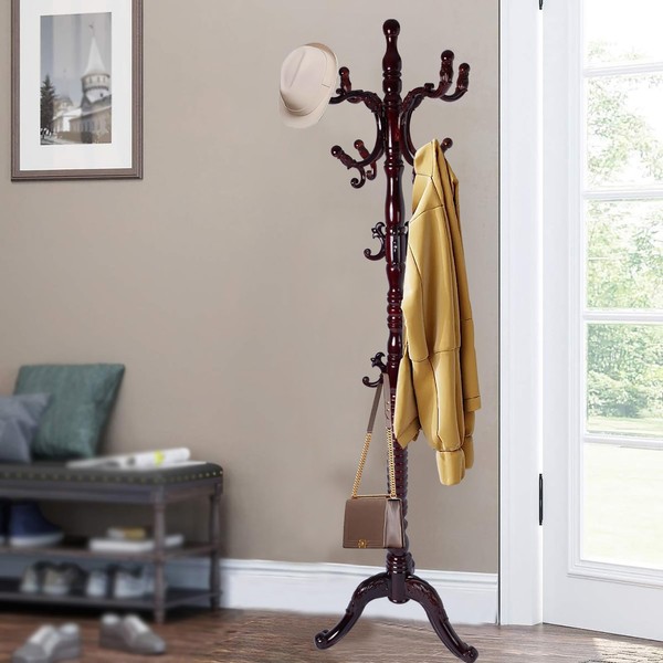 73" Wooden Coat Rack Stand,Coat Racks Freestanding With 14 Hooks